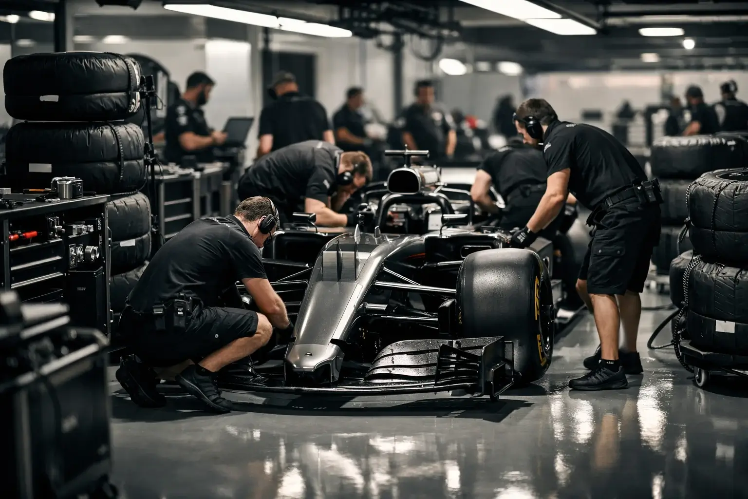 Formel 1 Boxencrew bereitet Rennwagen für das Rennen vor mit präziser Teamarbeit