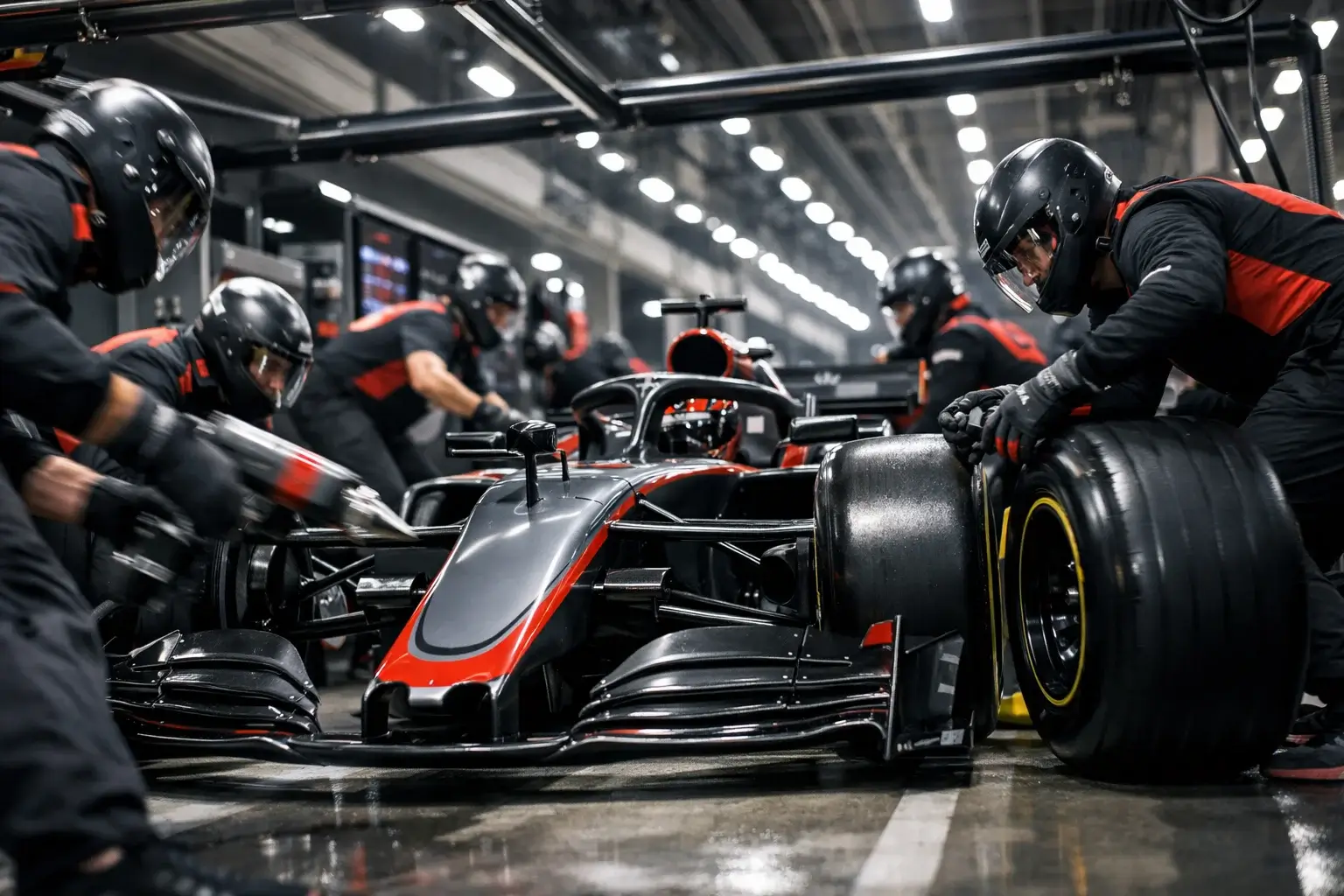 Formel 1 Team beim präzisen Boxenstopp mit Mechanikern in Aktion
