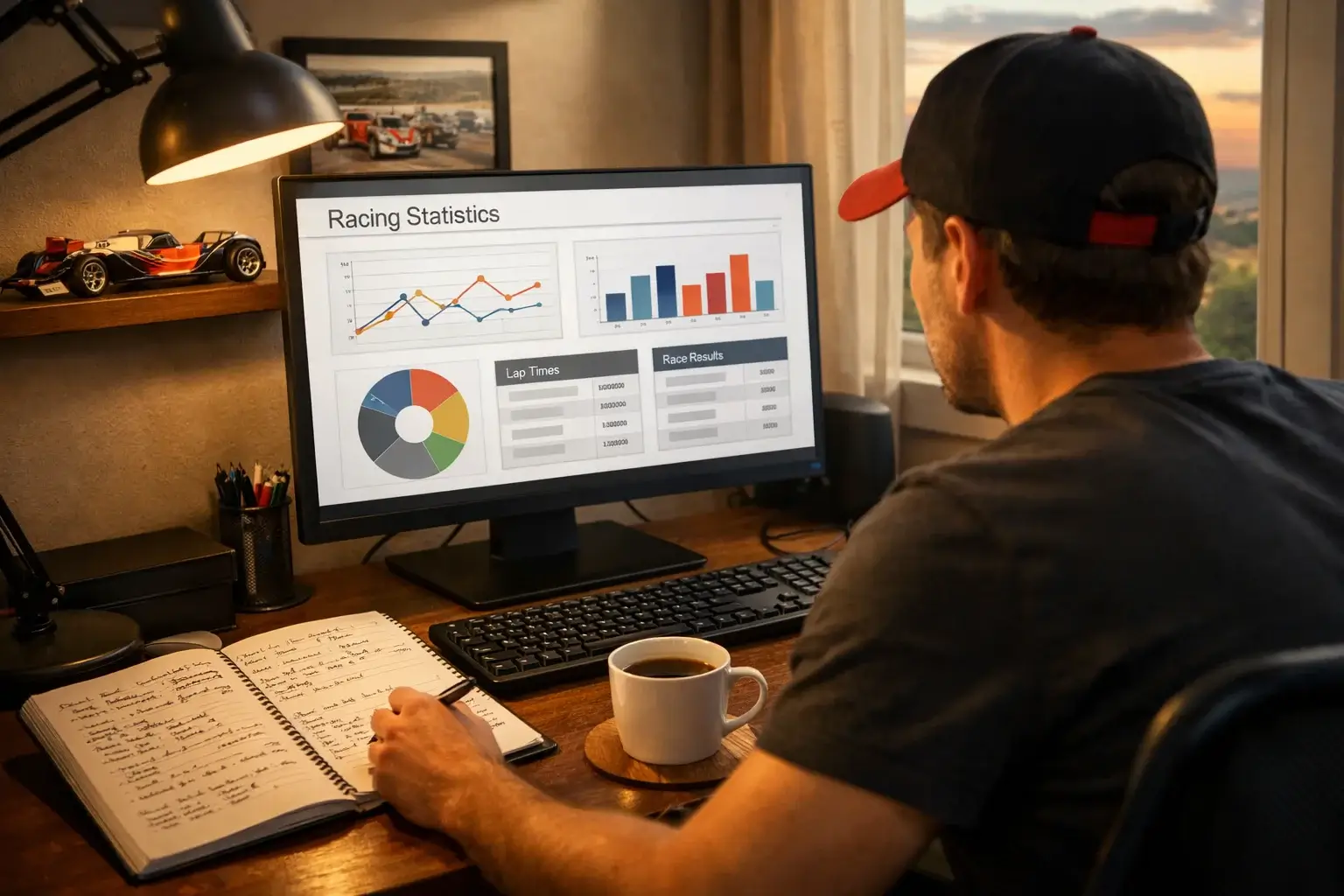 Motorsport-Enthusiast recherchiert Formel 1 Statistiken am Computer