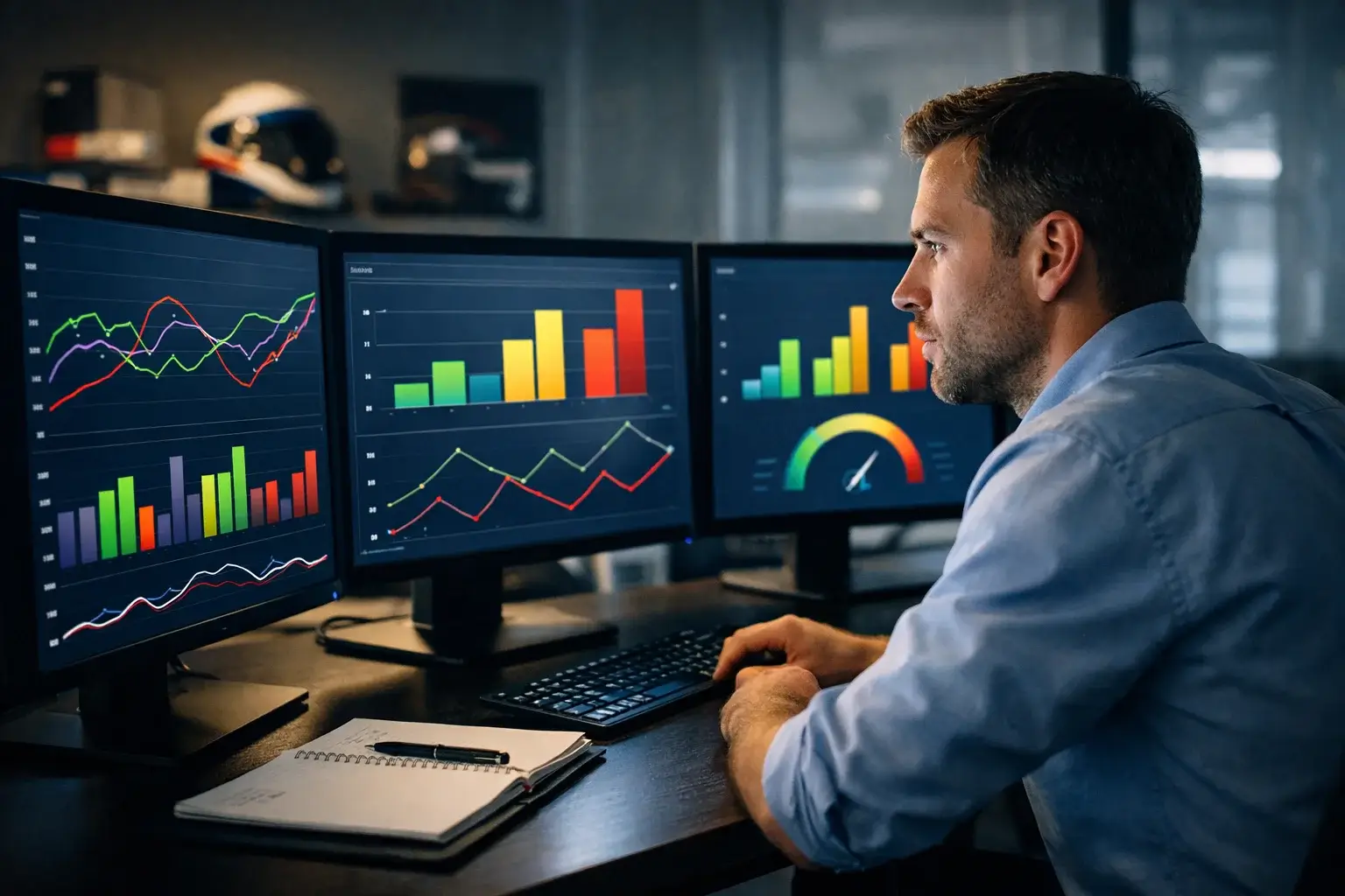 Experte analysiert Formel 1 Daten und Statistiken auf mehreren Bildschirmen