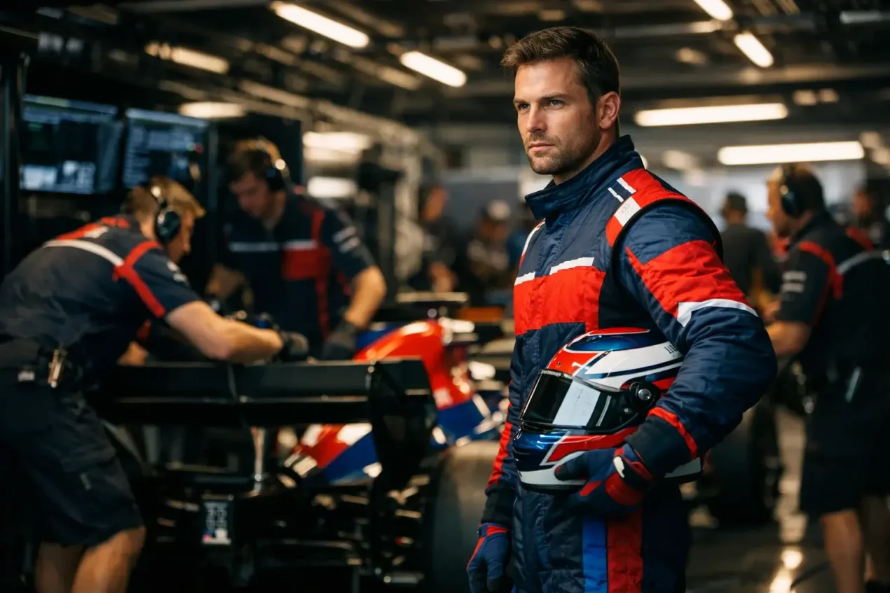 Formel 1 Fahrer mit seinem Rennteam bei der Vorbereitung im Fahrerlager