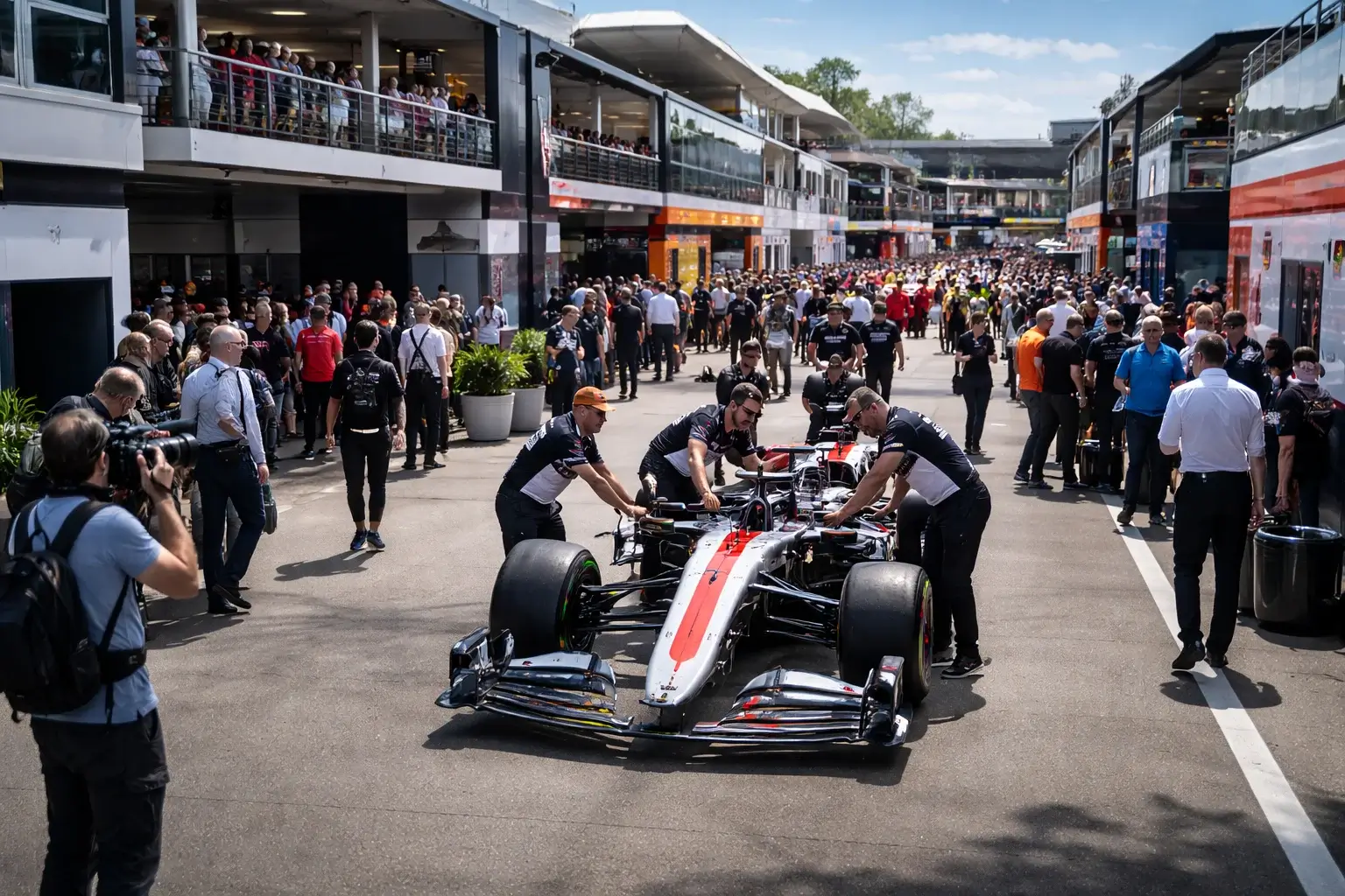 Lebendige Atmosphäre im Formel 1 Fahrerlager mit Teams und Fahrzeugen