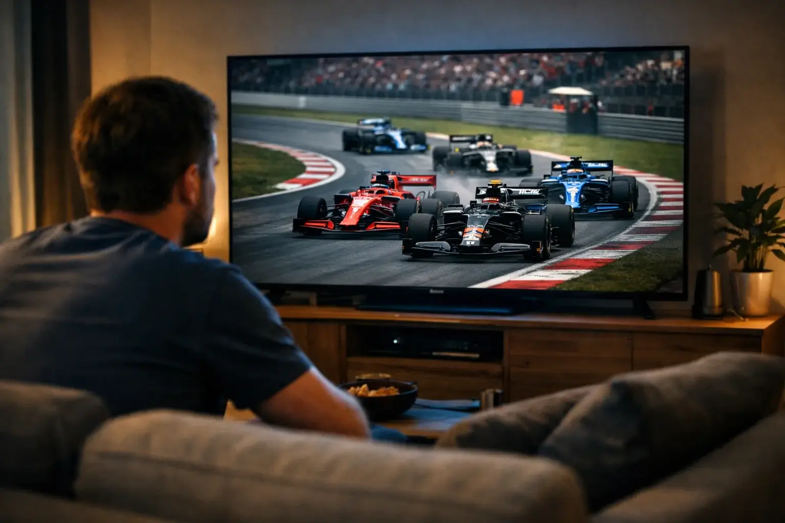 Konzentrierter Analyst beobachtet Formel 1 Rennen auf großem Bildschirm