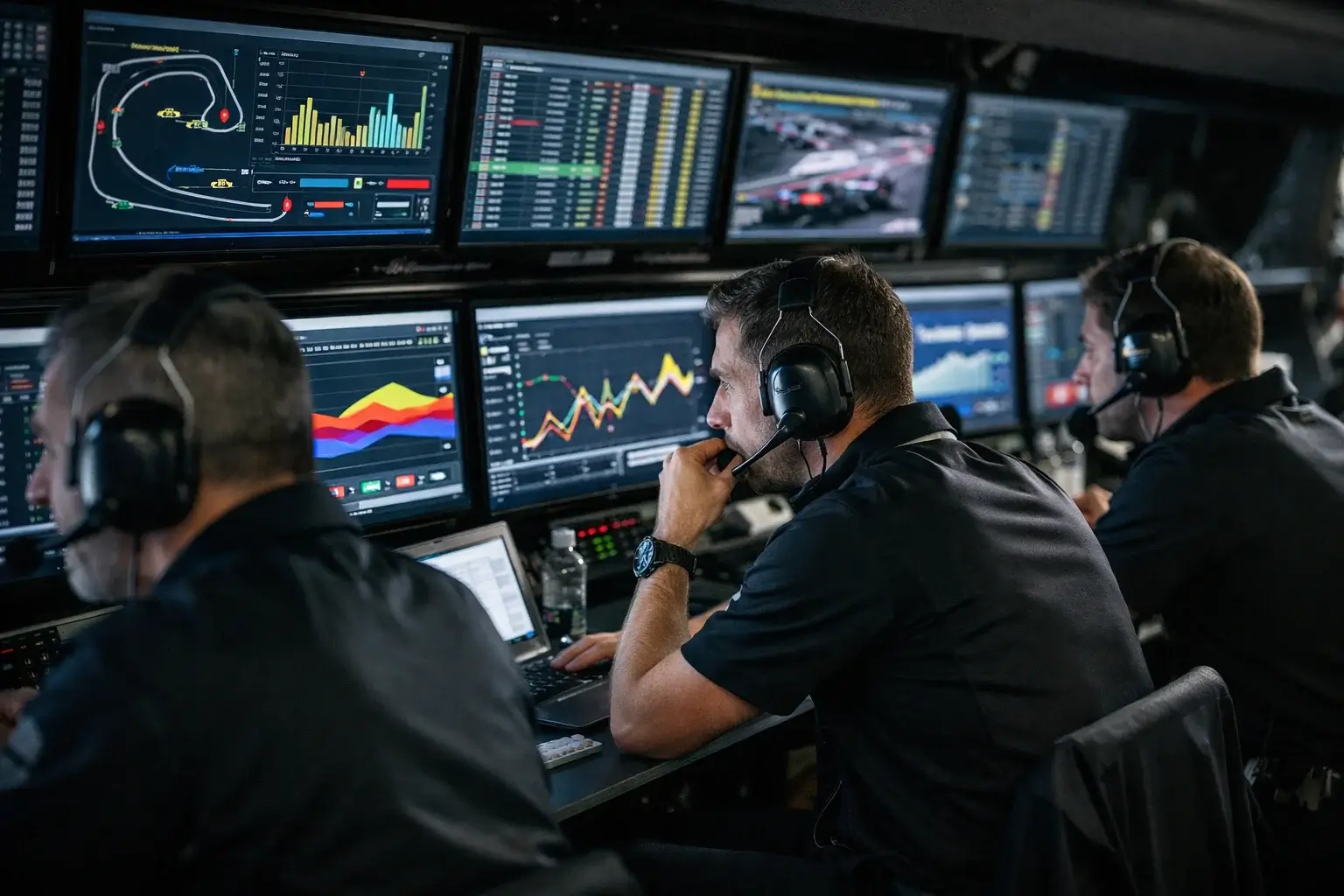 Formel 1 Ingenieure analysieren Telemetriedaten am Kommandostand