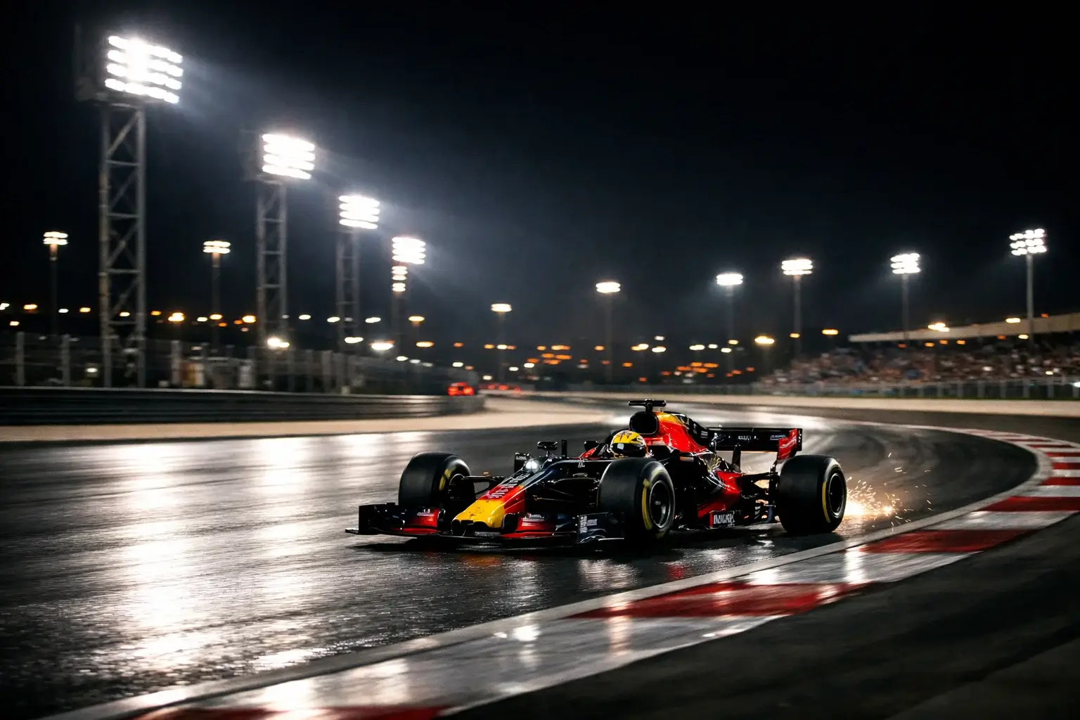 Spektakuläres Formel 1 Nachtrennen unter Flutlicht mit beleuchteter Strecke