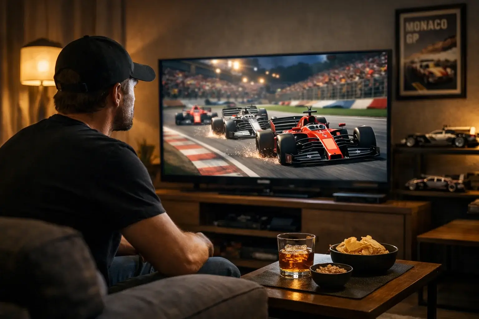 Motorsport-Enthusiast genießt Formel 1 Rennen mit analytischem Interesse