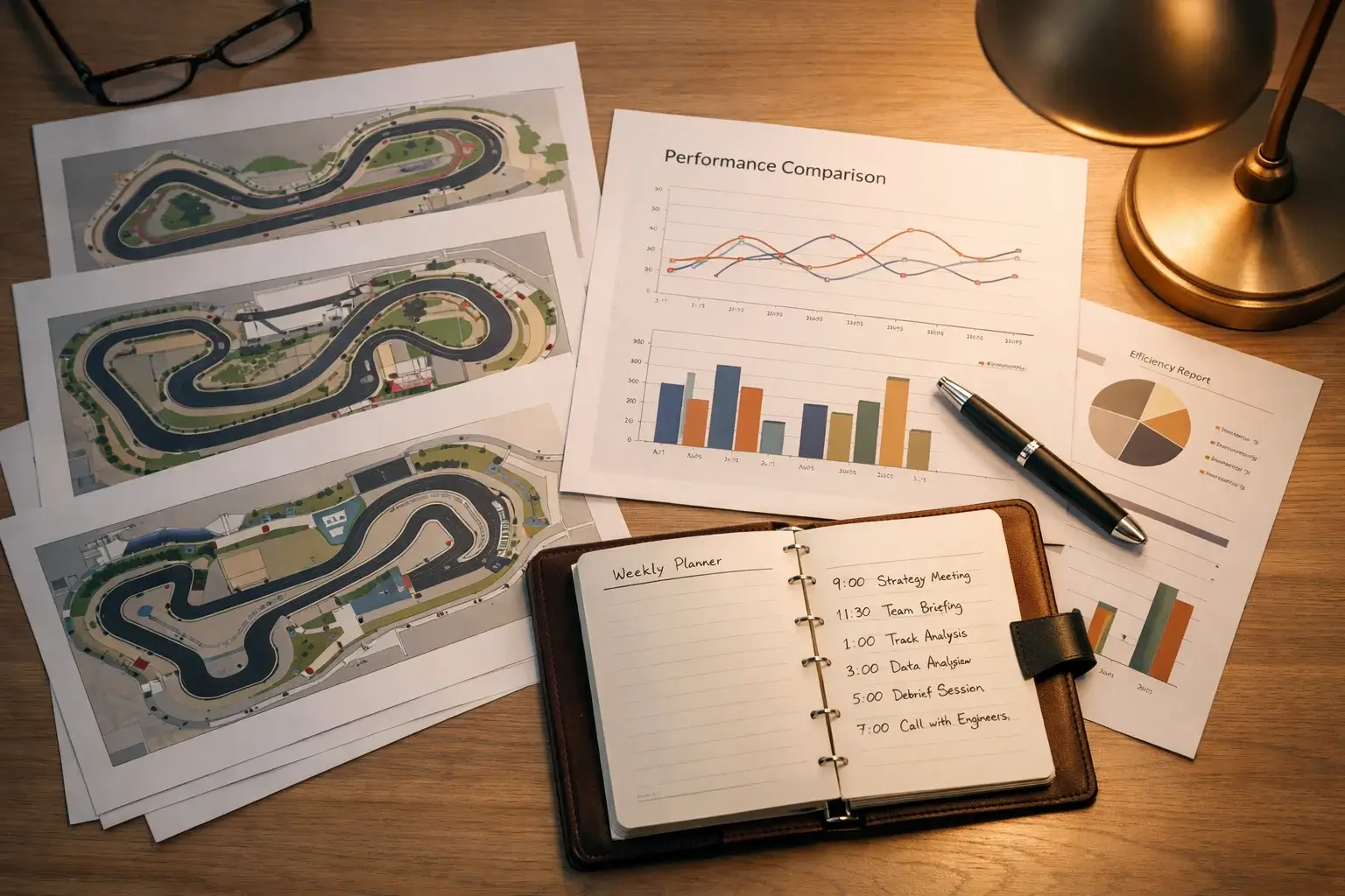 Strategische Rennplanung mit Streckenlayouts und Leistungsvergleichen auf dem Schreibtisch