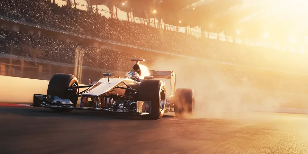 Formel 1 Rennwagen bei Sonnenuntergang in Hochgeschwindigkeit auf der Rennstrecke