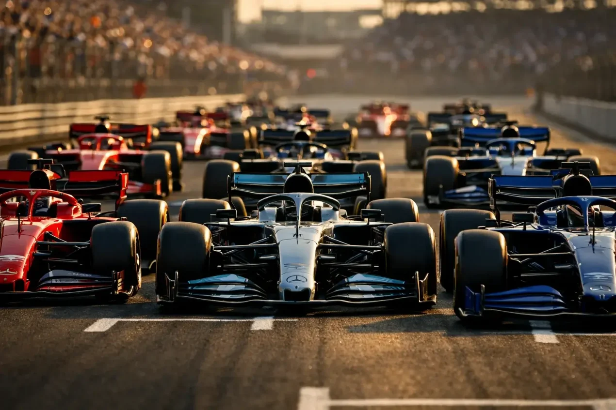 Formel 1 Rennwagen in dramatischer Startaufstellung auf der Rennstrecke