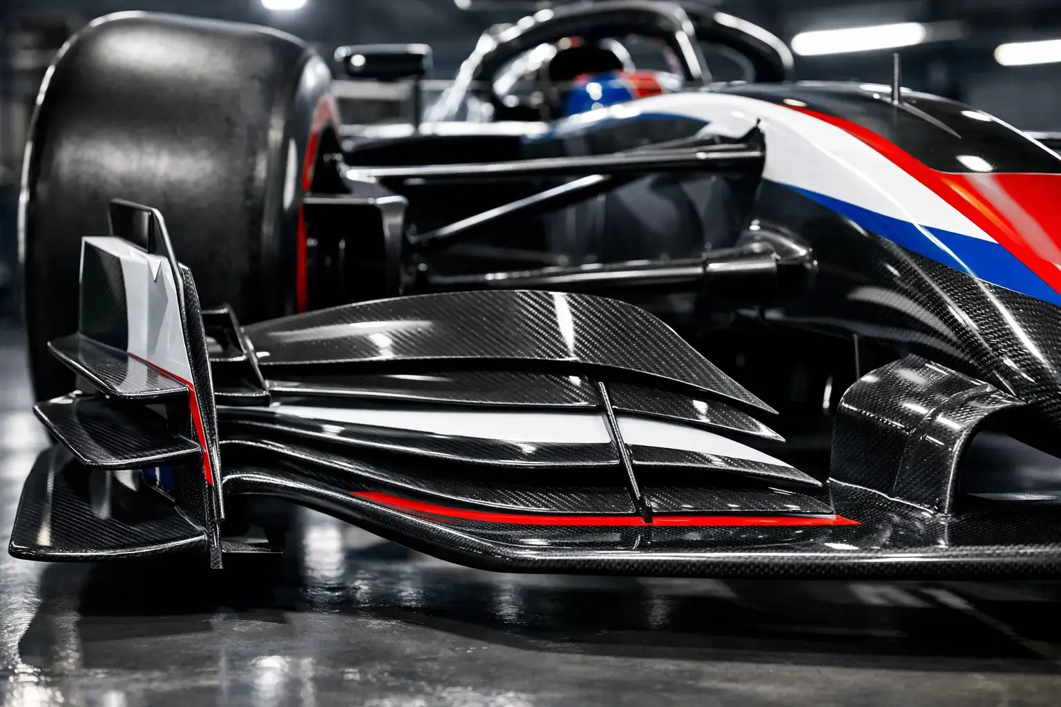 Detailansicht eines modernen Formel 1 Rennwagens mit fortschrittlicher Aerodynamik