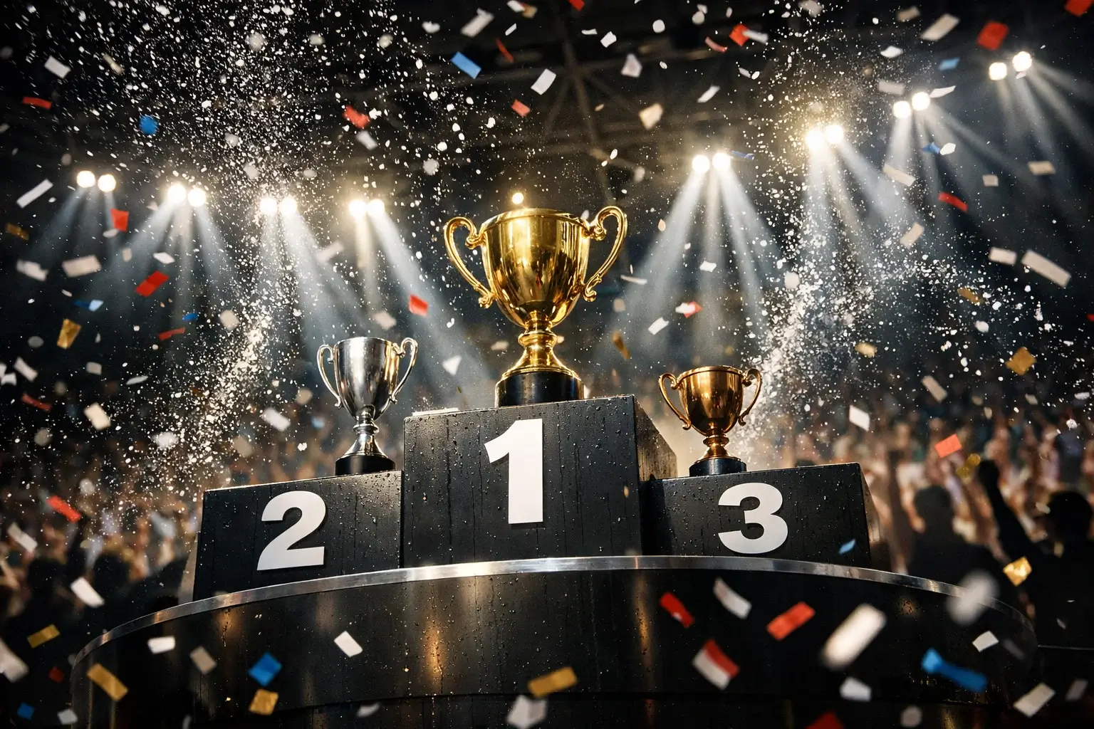 Formel 1 Siegerpodium mit Konfetti und Champagner bei der Siegerehrung