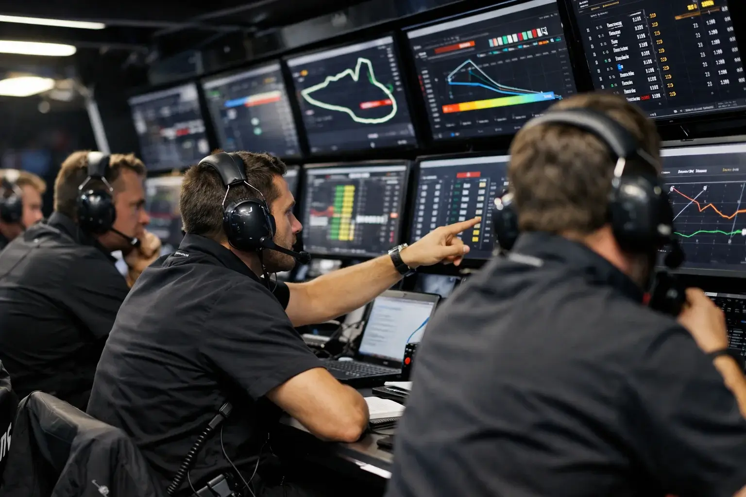 Formel 1 Teamstrategen bei der Besprechung im Kommandostand