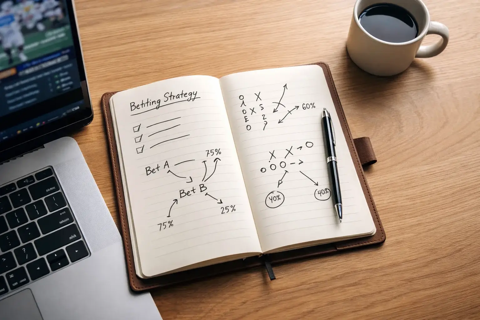 Person plant Wettstrategie mit Notizbuch und Stift am Schreibtisch