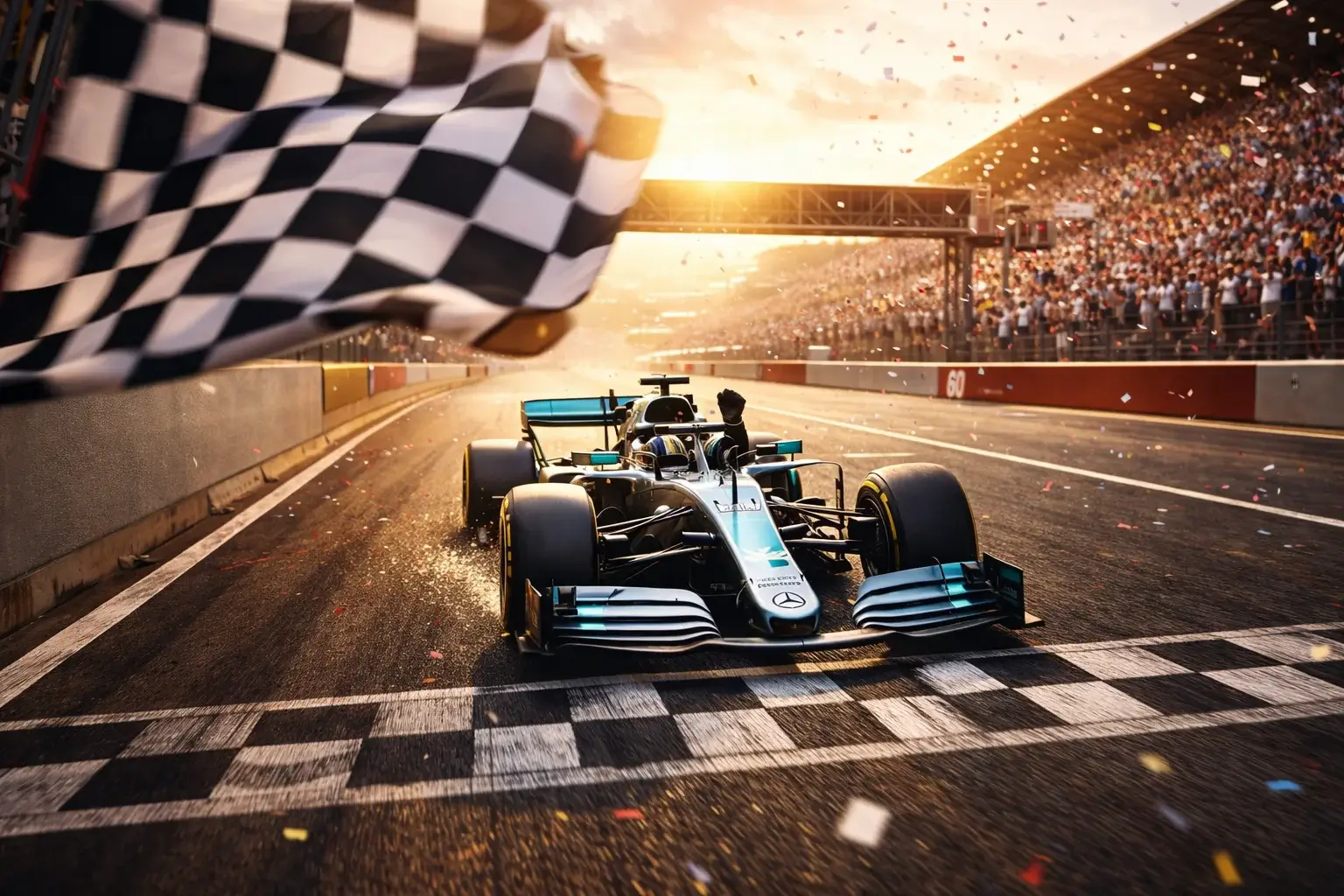 Formel 1 Rennwagen überquert die Ziellinie mit wehender Zielflagge